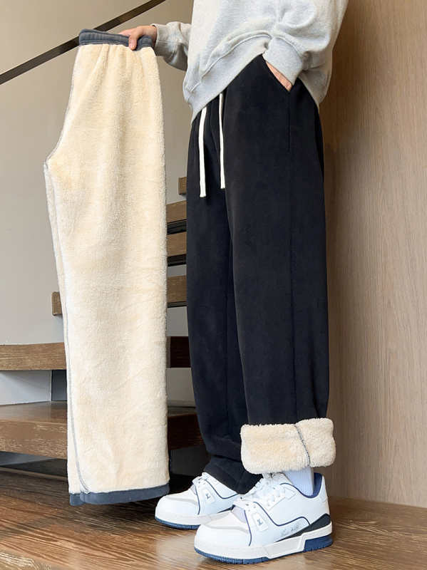 Pantaloni casual de iarnă pentru bărbați, cu fleece, croială dreaptă, talie medie, închidere cu șnur