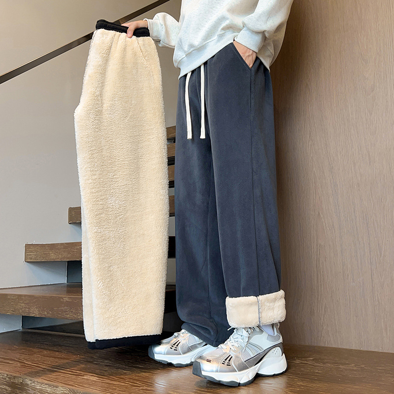 Pantaloni casual de iarnă pentru bărbați, cu fleece, croială dreaptă, talie medie, închidere cu șnur