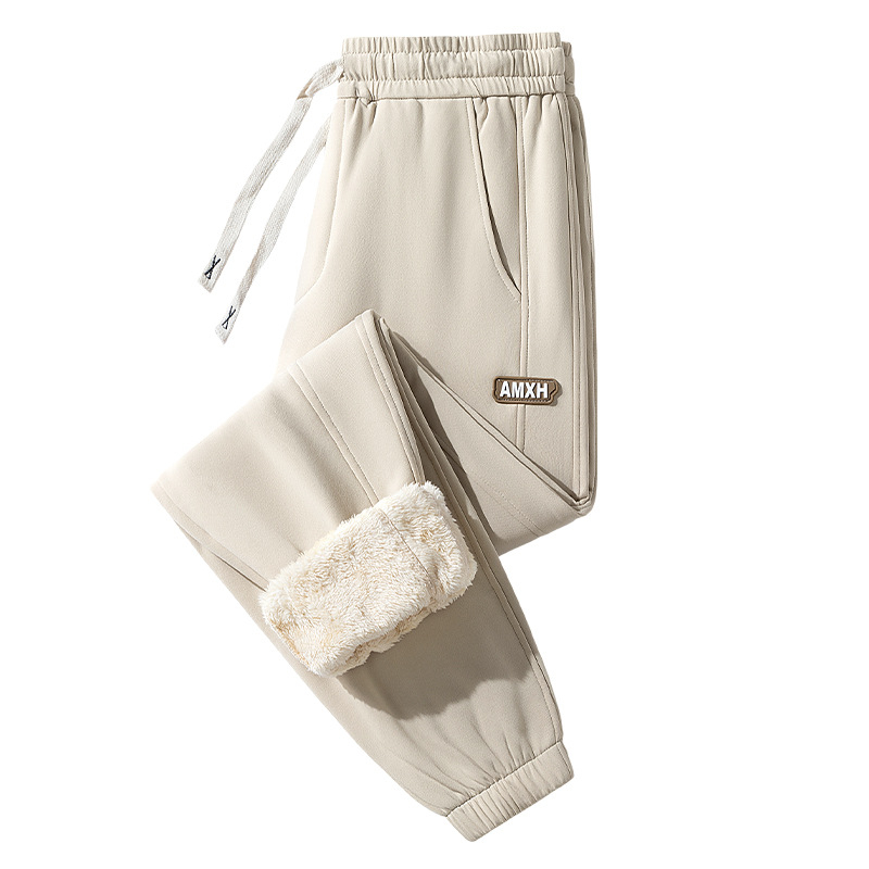 Pantaloni sport pentru bărbați cu căptușeală de fleece, croială lejeră, talie înaltă, șiret închidere, material poliester