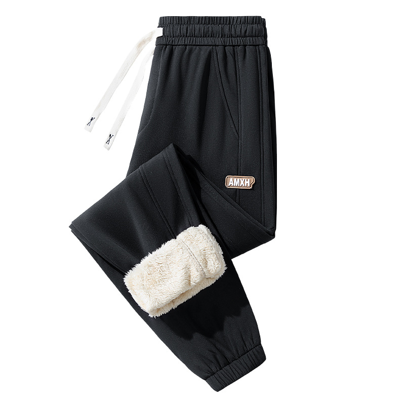 Pantaloni sport pentru bărbați cu căptușeală de fleece, croială lejeră, talie înaltă, șiret închidere, material poliester