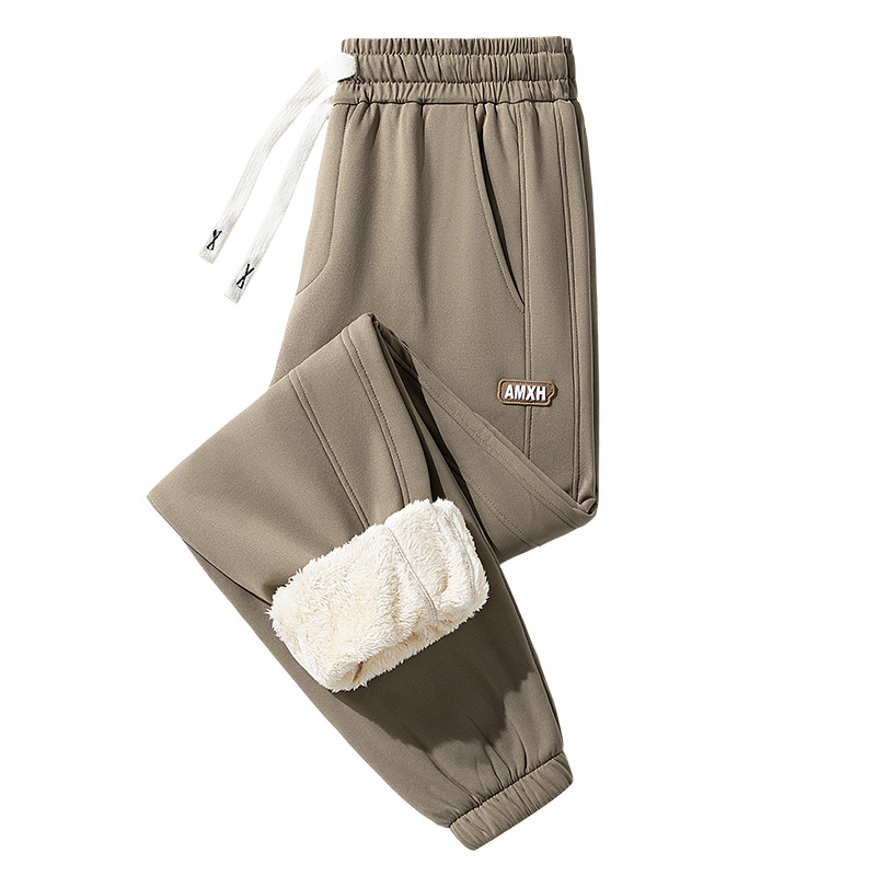 Pantaloni sport pentru bărbați cu căptușeală de fleece, croială lejeră, talie înaltă, șiret închidere, material poliester