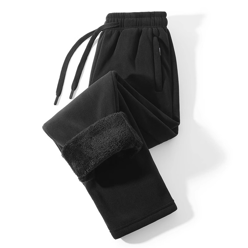 Meeste talvised spordijalatsid, paksenenud fliisiga, sirge lõige, keskmine vöökoht, nööriga kinnitamine