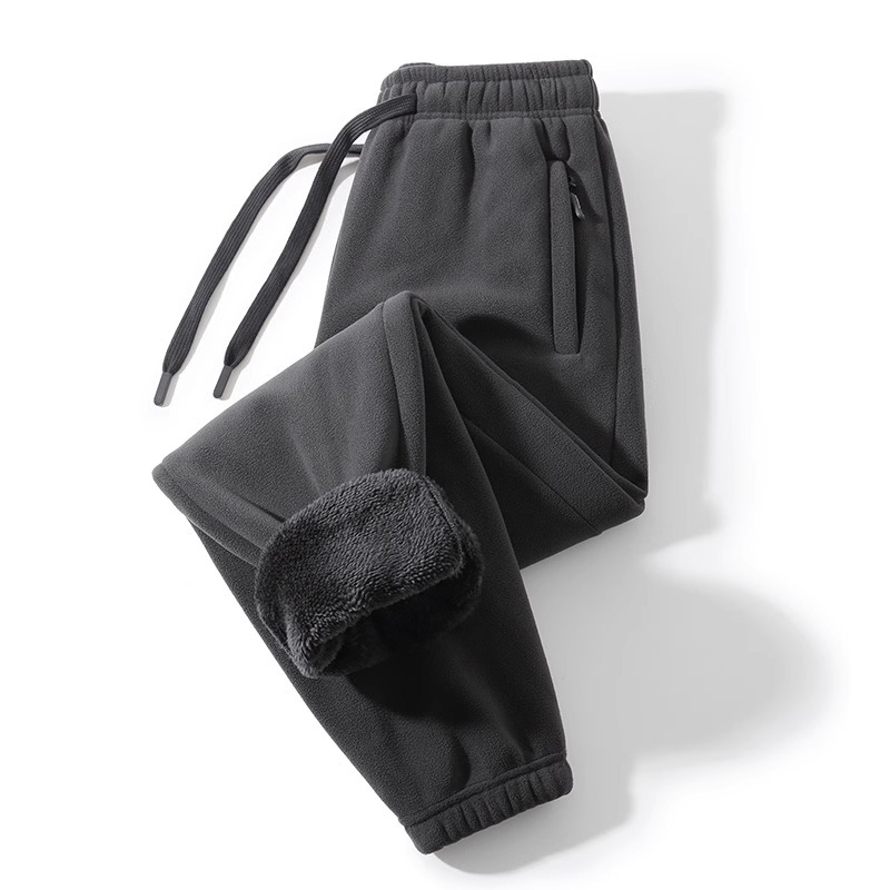 Meeste talvised spordijalatsid, paksenenud fliisiga, sirge lõige, keskmine vöökoht, nööriga kinnitamine