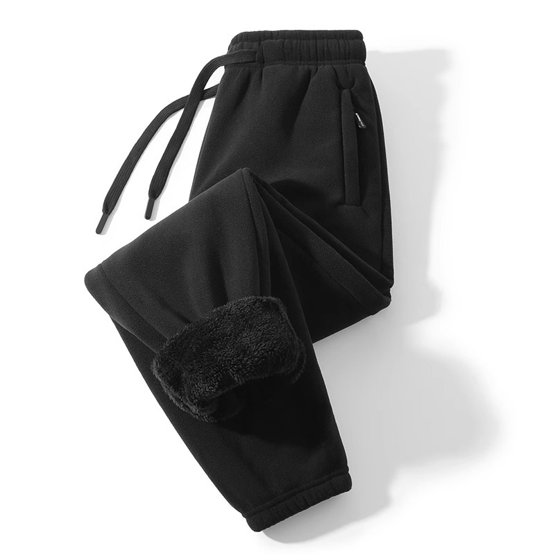 Meeste talvised spordijalatsid, paksenenud fliisiga, sirge lõige, keskmine vöökoht, nööriga kinnitamine