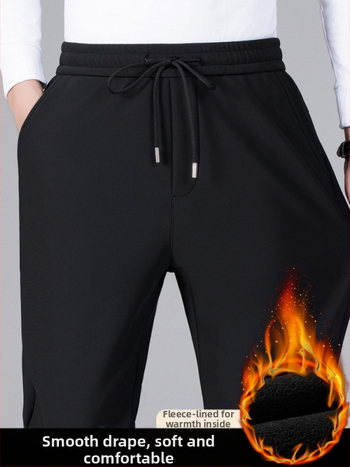 Meeste talvised püksid fleece-vooderdusega, sirge lõikega, vööga, igapäevase äri stiili jaoks, veniv materjal