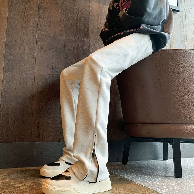 Casual meessoost sportlikud püksid, HK-stiilis, vaba lõikega, keskmine vöökoht, tõmblukukujundus, puuvillase segust materjal, sirge lõige