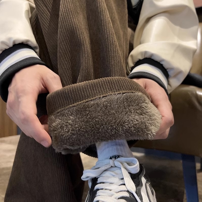 Corduroy панталони за тийнейджъри с флисово вътрешно покритие, права крачка, средна талия, Korean-style, зимни