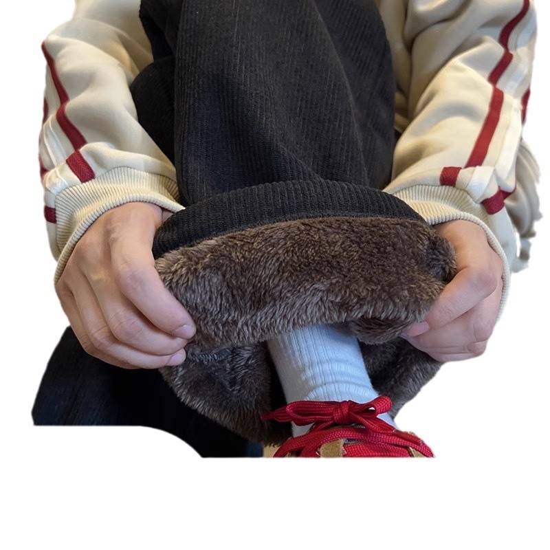 Corduroy панталони за тийнейджъри с флисово вътрешно покритие, права крачка, средна талия, Korean-style, зимни