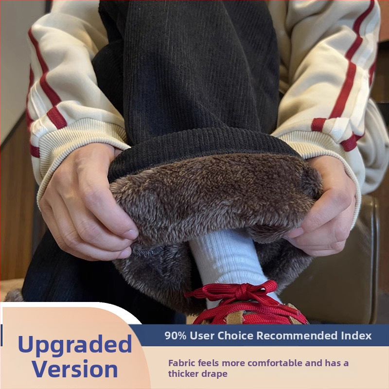 Corduroy kelnės su fleece pamušalu, tiesus kirpimas, vidurio juosmuo, paaugliai, Korėjos stilius, žiemai
