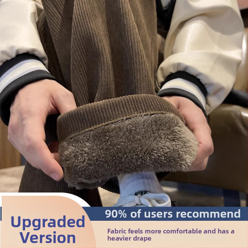 Corduroy kelnės su fleece pamušalu, tiesus kirpimas, vidurio juosmuo, paaugliai, Korėjos stilius, žiemai