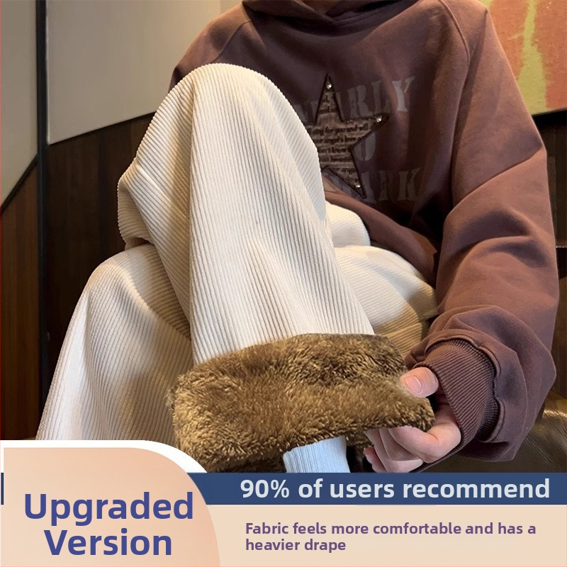 Corduroy kelnės su fleece pamušalu, tiesus kirpimas, vidurio juosmuo, paaugliai, Korėjos stilius, žiemai