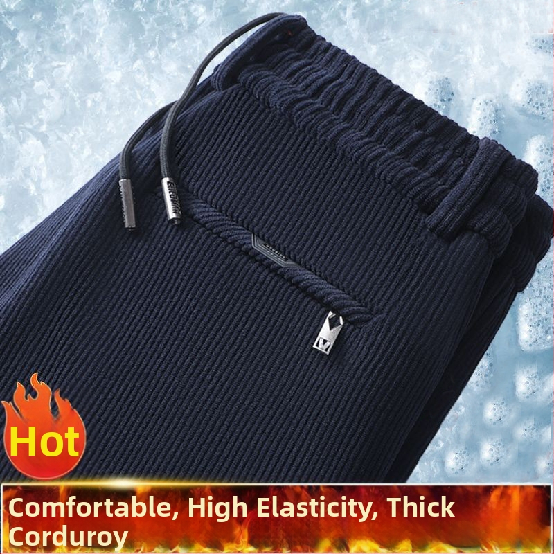 Meeste sirged Corduroy püksid fleece vooderduga, keskmine talje, sõlmesulgemine
