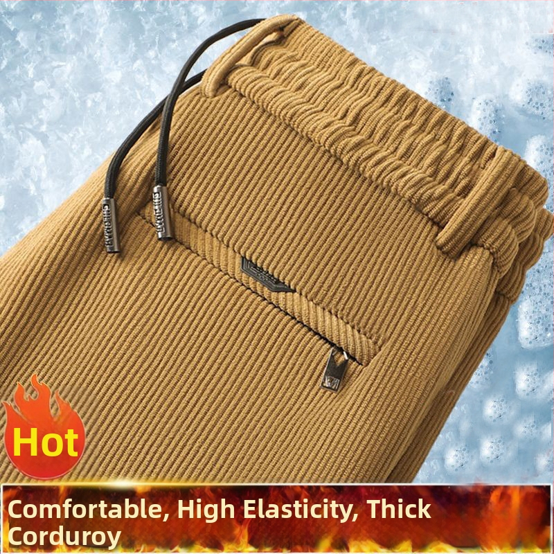 Meeste sirged Corduroy püksid fleece vooderduga, keskmine talje, sõlmesulgemine