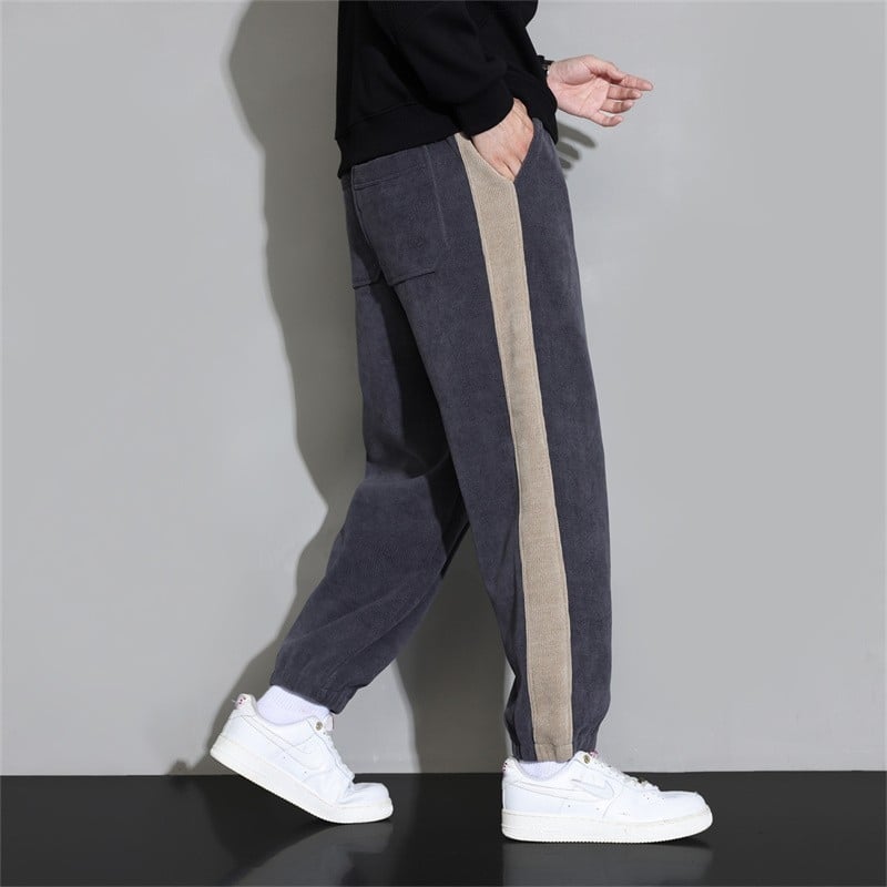 Corduroy tööpüksid fleece voodriga, triibuline muster, elastne keskjoon, sirge lõige