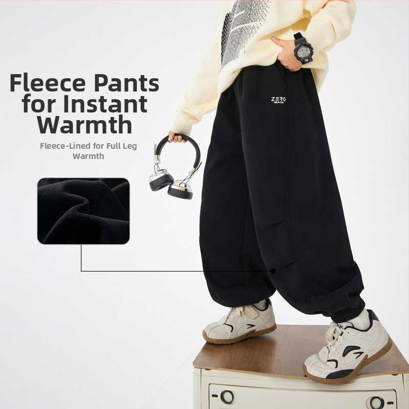 Zēnu ziemas sporta bikses ar flīsu iekšējo odere, 52% kokvilna, viduklis ar elastīgu jostu, mīksta auduma apdare, ziemas 2025