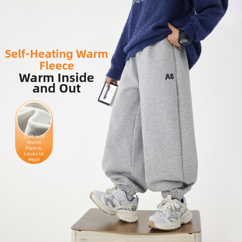 Zēnu korejiešu stila sporta bikses ar fleece oderi, ziemas 2025, 63% kokvilna, vidējā josta ar elastīgu siksnu, burtiem raksts