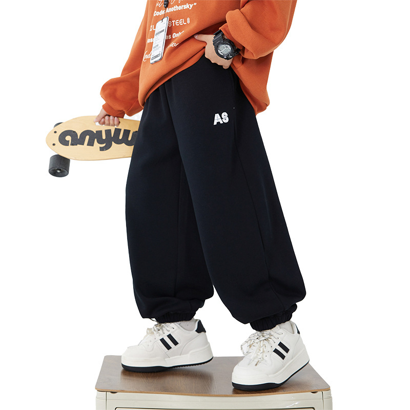 Корейски стил момчешки спортни панталони с подплата, зима 2025, 63% памук, средна талия с еластична лента, принт с букви