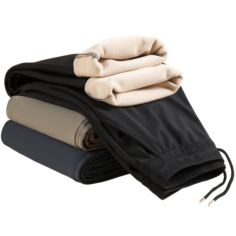 Pantaloni casual bărbați cu căptușeală fleece, poliester 100%, rezistență la vânt și călduroși, talie înaltă, croială dreaptă cu șnur în talie
