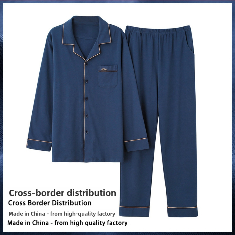 Meeste puuvillane trikotaažist homewear komplekt koos pikkade varrukatega V-kaelusega, keskmise paksusega kangas 181-200 g/m2, püksid