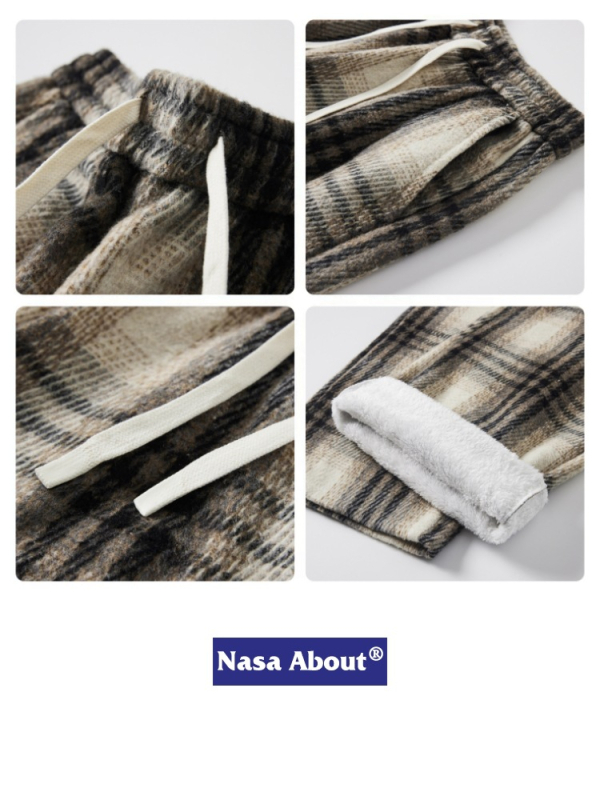 Muške zimske casual hlače s kariranim uzorkom, opuštenog ravnog kroja, srednji pojas, vezice za vezivanje, debeli poliester materijal