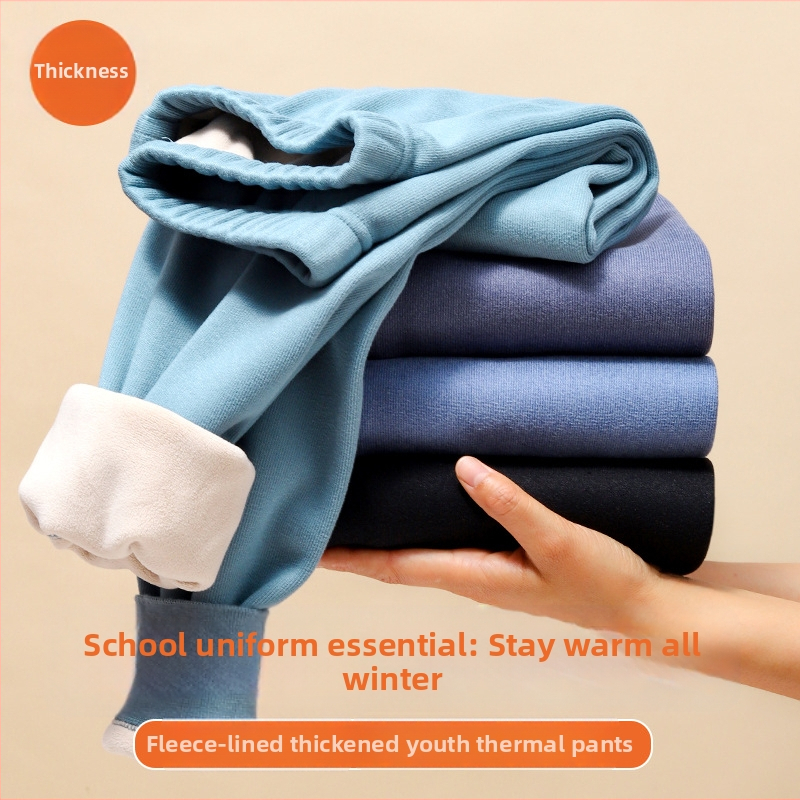 Noorte poiste soojad fleecevooderpüksid – polüester, paks materjal, ühevärvilised, pikad püksid.