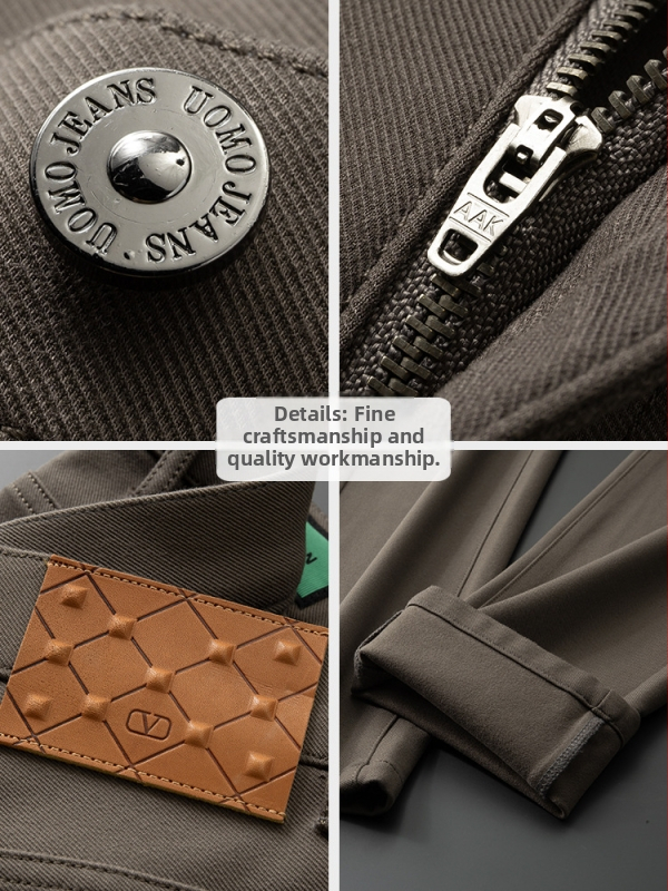 Muške hlače poslovno-ležerne, široka silueta, visoka elastičnost, brushed unutrašnjost, srednji pojas, zatvarač, gusta tkanina, jednobojna, zima 2025