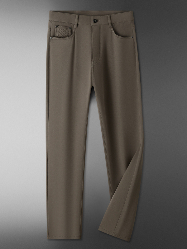 Muške hlače poslovno-ležerne, široka silueta, visoka elastičnost, brushed unutrašnjost, srednji pojas, zatvarač, gusta tkanina, jednobojna, zima 2025