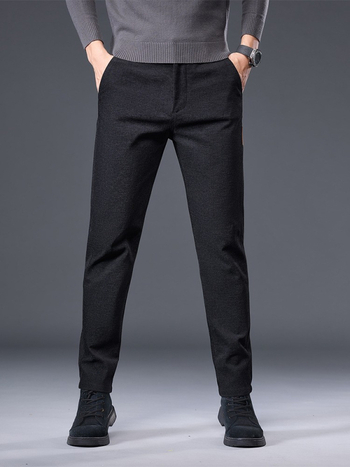 Pantaloni bărbați pentru business casual, croială slim, talie medie, fermoar, țesătură groasă, amestec poliester cu elastan