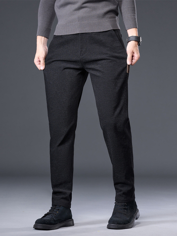 Pantaloni bărbați pentru business casual, croială slim, talie medie, fermoar, țesătură groasă, amestec poliester cu elastan