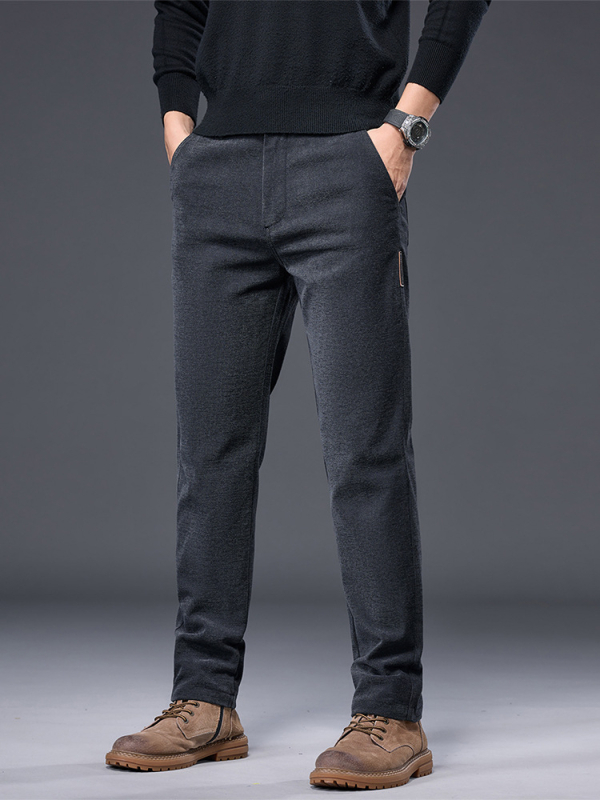 Pantaloni bărbați pentru business casual, croială slim, talie medie, fermoar, țesătură groasă, amestec poliester cu elastan