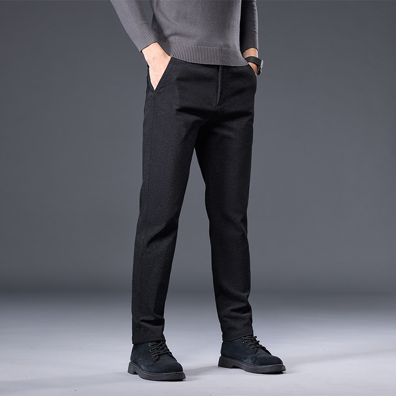 Pantaloni bărbați pentru business casual, croială slim, talie medie, fermoar, țesătură groasă, amestec poliester cu elastan