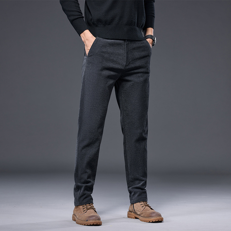 Pantaloni bărbați pentru business casual, croială slim, talie medie, fermoar, țesătură groasă, amestec poliester cu elastan