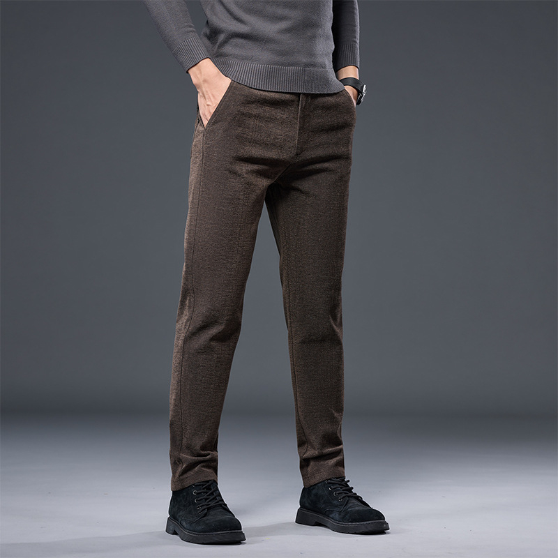 Pantaloni bărbați pentru business casual, croială slim, talie medie, fermoar, țesătură groasă, amestec poliester cu elastan