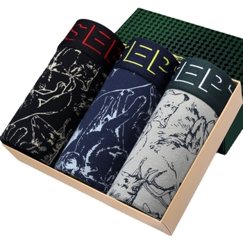 Septwolves vyriški elastiniai medvilniniai boxeršortai, kvėpuojantys, megzti, vidutinio juosmens, raštas gyvūnų ir augalų