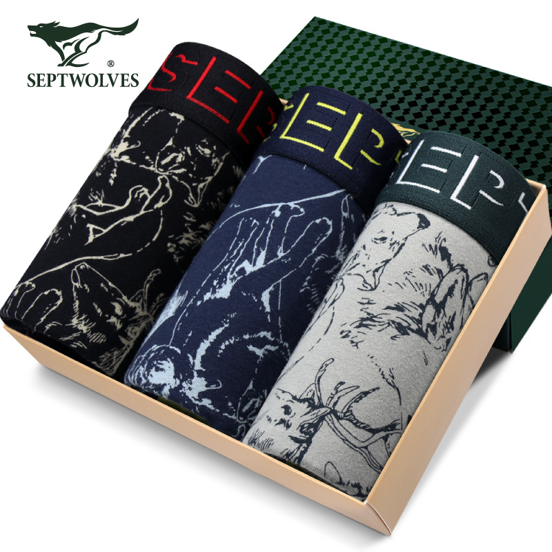 Septwolves vyriški elastiniai medvilniniai boxeršortai, kvėpuojantys, megzti, vidutinio juosmens, raštas gyvūnų ir augalų