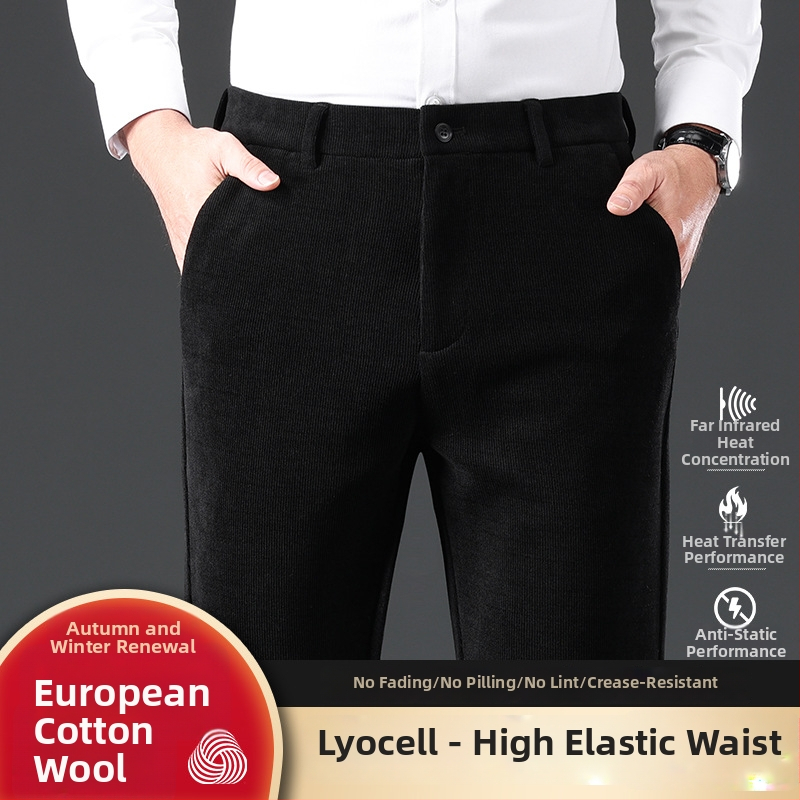 Muške hlače od korduroja-vunena mješavina za poslovno casual, ravni kroj, srednji pojas, zatvarač, debela tkanina, prugasti uzorak