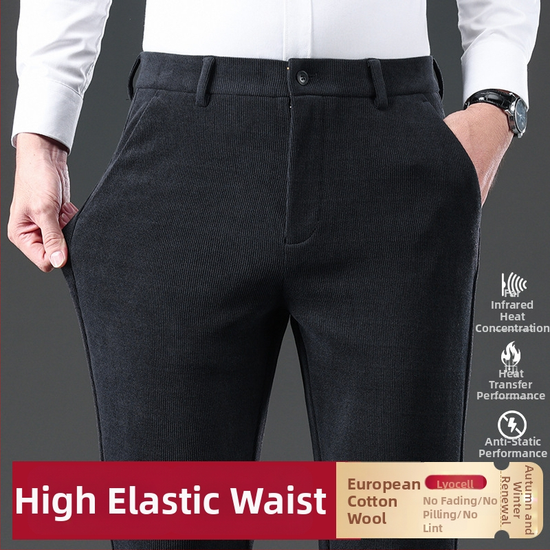 Muške hlače od korduroja-vunena mješavina za poslovno casual, ravni kroj, srednji pojas, zatvarač, debela tkanina, prugasti uzorak