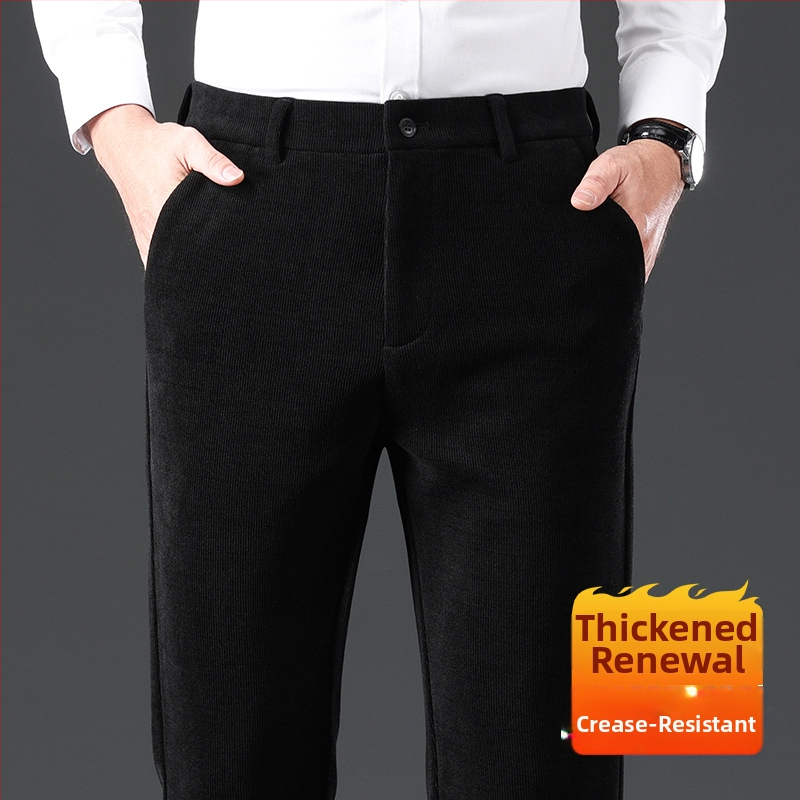 Muške hlače od korduroja-vunena mješavina za poslovno casual, ravni kroj, srednji pojas, zatvarač, debela tkanina, prugasti uzorak