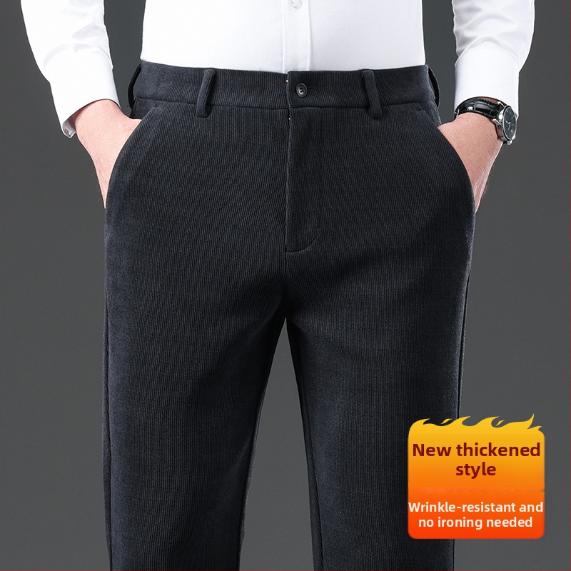 Muške hlače od korduroja-vunena mješavina za poslovno casual, ravni kroj, srednji pojas, zatvarač, debela tkanina, prugasti uzorak