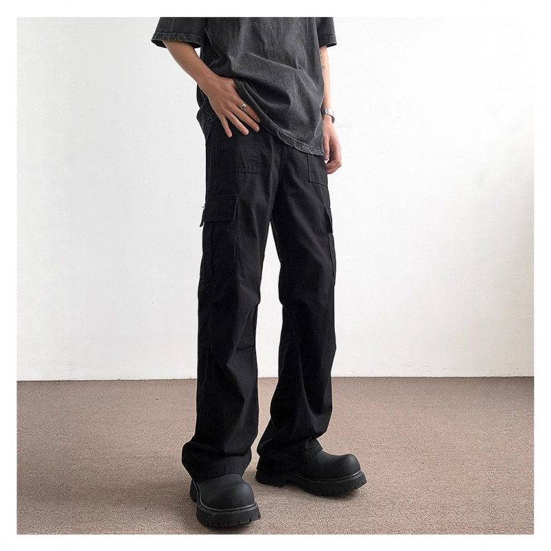 Pantaloni casual de lucru pentru bărbați, croială lejeră, talie medie, din bumbac, cu curea, croială dreaptă