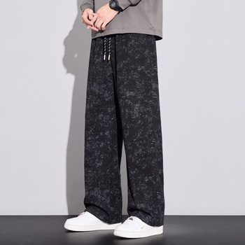 Pantaloni casual pentru bărbați – Tie-Dye cu fulgi de zăpadă, căptuți cu fleece, talie medie, cu curea, croială dreptă