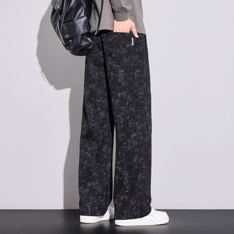 Pantaloni casual pentru bărbați – Tie-Dye cu fulgi de zăpadă, căptuți cu fleece, talie medie, cu curea, croială dreptă