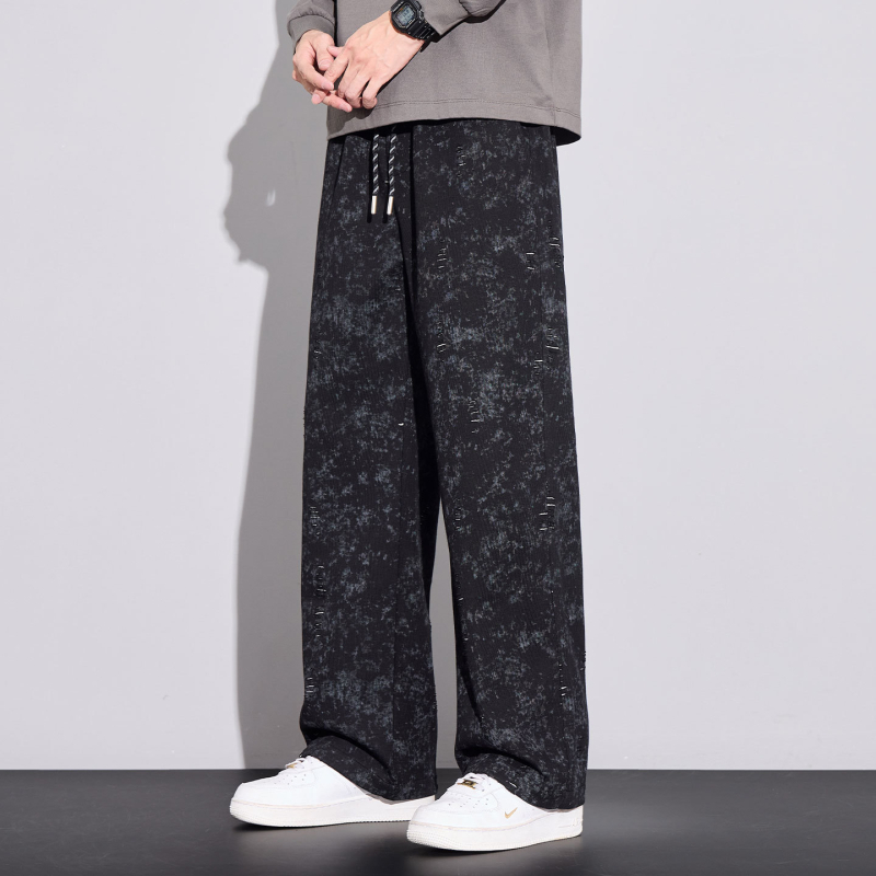 Pantaloni casual pentru bărbați – Tie-Dye cu fulgi de zăpadă, căptuți cu fleece, talie medie, cu curea, croială dreptă