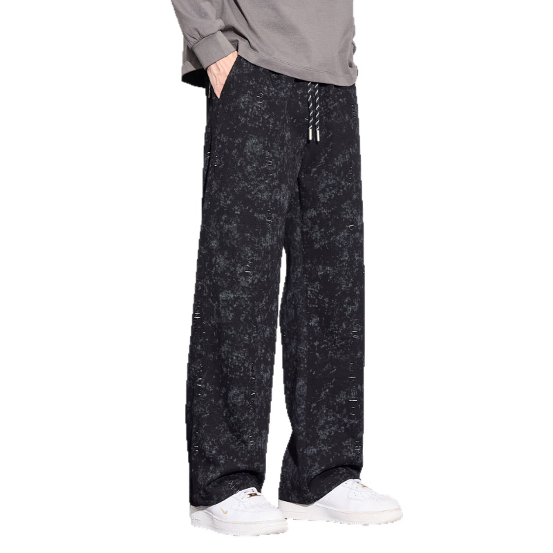 Pantaloni casual pentru bărbați – Tie-Dye cu fulgi de zăpadă, căptuți cu fleece, talie medie, cu curea, croială dreptă