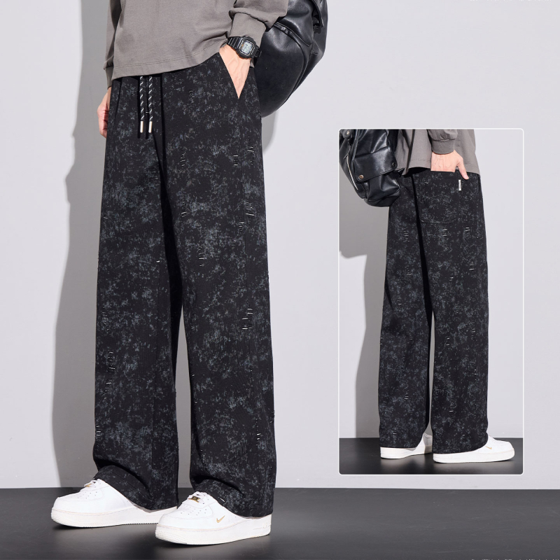 Pantaloni casual pentru bărbați – Tie-Dye cu fulgi de zăpadă, căptuți cu fleece, talie medie, cu curea, croială dreptă