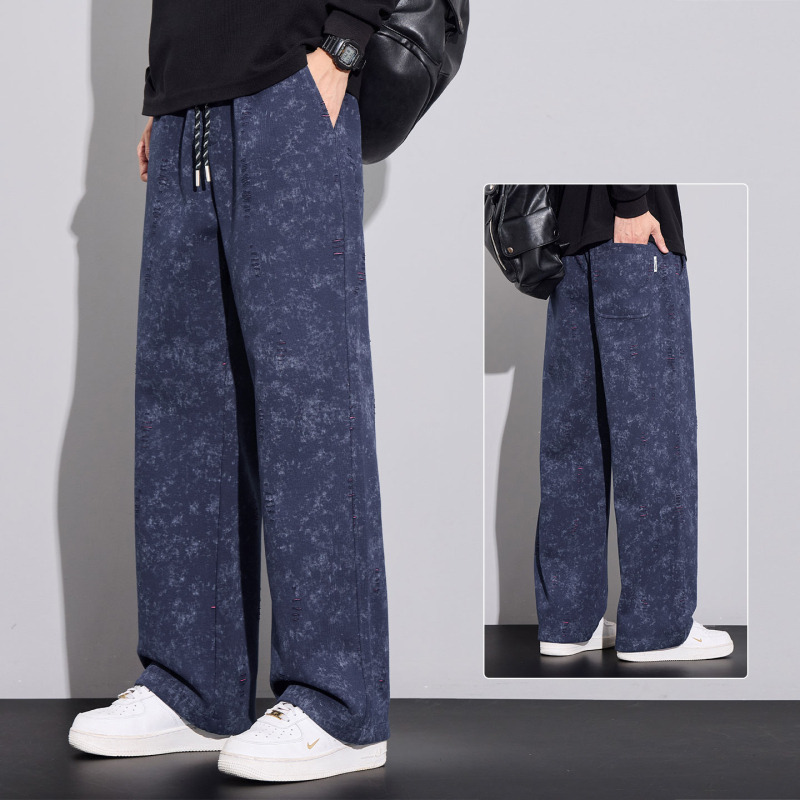 Pantaloni casual pentru bărbați – Tie-Dye cu fulgi de zăpadă, căptuți cu fleece, talie medie, cu curea, croială dreptă