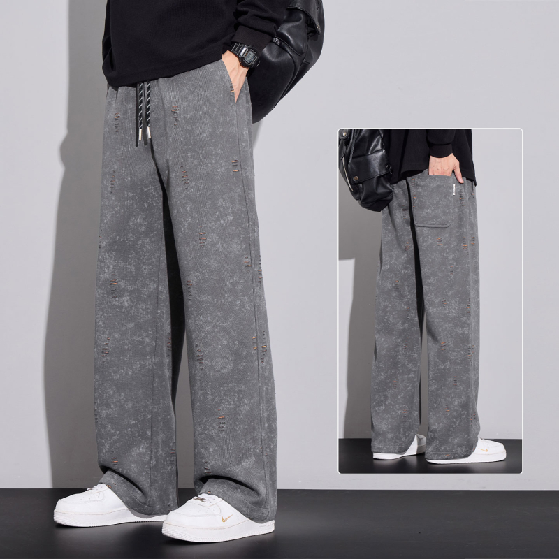 Pantaloni casual pentru bărbați – Tie-Dye cu fulgi de zăpadă, căptuți cu fleece, talie medie, cu curea, croială dreptă