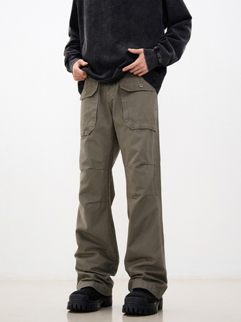 Pantaloni casual de lucru cu pliuri, mai multe buzunare, bumbac, croială lejeră, talie medie