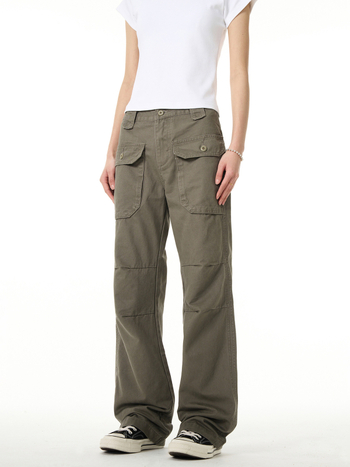 Pantaloni casual de lucru cu pliuri, mai multe buzunare, bumbac, croială lejeră, talie medie