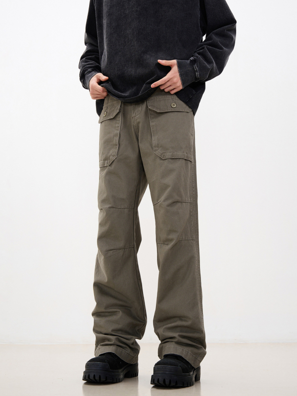 Pantaloni casual de lucru cu pliuri, mai multe buzunare, bumbac, croială lejeră, talie medie